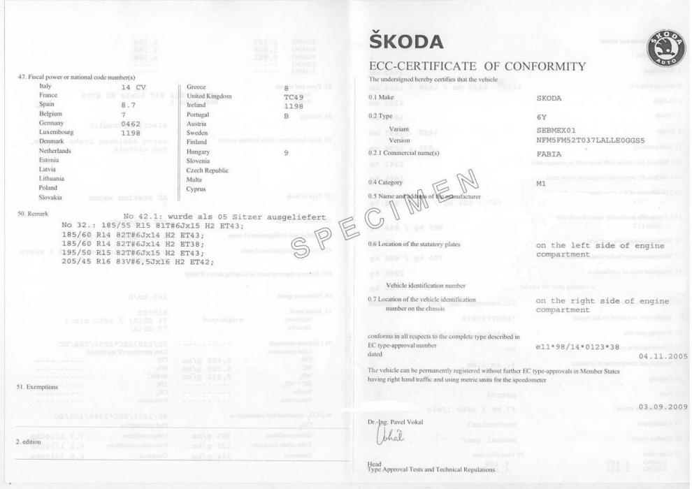 Vente de certificat de conformité Skoda